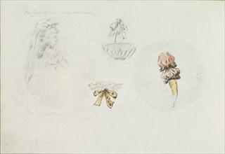 Four Costume Design Sketches of a Woman, a Basket, a Collar, and a Sleeve, ca. 1785-90.