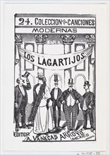 Four men and one woman in fine clothes standing in a line under a banner, illustration for 'Los Lagartijos (The Dandies)', ca. 1880-1910.