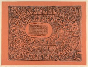 Game of the Goose, with the rules printed in the center, ca. 1900-1910.