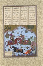 Gustaham Slays Lahhak and Farshidvard, Folio 349v from the Shahnama (Book of Kings) of Shah Tahmasp, ca. 1525-30.