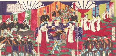 Illustration of the Commanders who Pacified Western Japan, Receiving the Emperor's Gift Cups (Saigoku chinsei shosho tenpai o tamawaru no zu), September, 1887.
