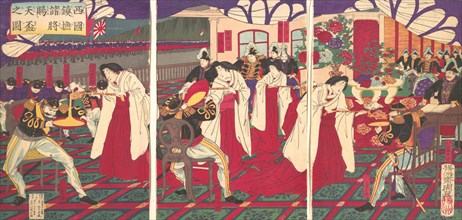 Illustration of the Commanders who Pacified Western Japan, Receiving the Emperor's Gift Cups (Saigoku chinbu shosho tenpai o tamau no zu), July, 1877.