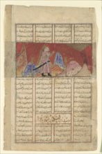 Iskandar Speaks with the Bird on the Mountain, Folio from a Shahnama (Book of Kings) of Firdausi, ca. 1330-40.