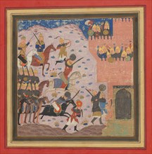 Kai Khusrau, Gudarz and Giv Capturing the Demon's Fortress, Bahman (?), Folio from a Shahnama (Book of Kings), ca. 1430-40.