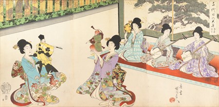 Ladies in Waiting of the Chiyoda Castle: Sword Practice and Puppet Kyogen, 1895.