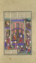 Manuchihr Welcomes Sam but Orders War upon Mihrab, Folio 80v from the Shahnama (Book of Kings) of Shah Tahmasp, ca. 1525.