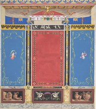 Painted Wall Decor Featuring Thin Column with a Pair of Swans and Trompe L'Oeil Vases at Base, 19th century.