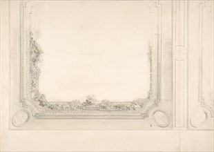 Partial design for a ceiling to be painted with a trompe l'oeil iron railing and roses, second half 19th century.