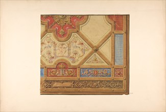 Partial design for the decoration of a ceiling in geometric panels painted with putti, masks., and griffins, 1830-97.