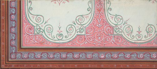 Partial design for the decoration of a ceiling with scrollwork and a border of ribbons and berries, 1830-97.