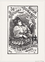 Profile of a woman sitting in a chair with her head back and holding a flower, illustration for 'Morir Soñando,' published by Antonio Vanegas Arroyo, ca. 1890.