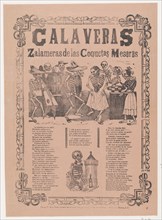Skeletons (calaveras) dancing and drinking, corrida in bottom section, Ca. 1910.