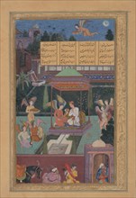 The Story of the Princess of the Blue Pavillion: The Youth of Rum Is Entertained in a Garden by a Fairy and her Maidens, Folio from a Khamsa (Quintet) of Amir Khusrau Dihlavi, 1597-98.