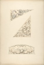 Three designs for painted decorative motifs featuring griffins and scrollwork, 1830-97.