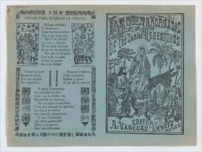 Two advertisments printed on the same sheet for materials published by Vanegas Arroyo, the one at left has verses to accompany breaking a piñata and at right, concerning religious pilgrims with an ima...