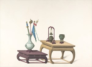 Two Low Tables with Ornamental Objects, 19th century.
