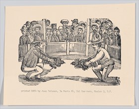 Two men in an arena holding cocks in preparation for a fight, spectators around the perimeter, ca 1890-1910 (reprinted 1964).