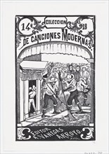 Two men sweeping the street while a crowd of people in the background watch, illustration for 'Coleccion de Canciones Modernas Cuaderno No. 14,' edited by Antonio Vanegas Arroyo, ca. 1880-1910.