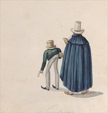 Two Peruvian fortune tellers (?) wearing top hats viewed from behind, from a group of drawings depicting Peruvian costume, ca. 1848.