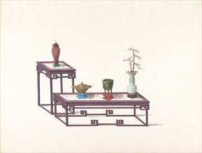 Two Tables with a Purple Finish, One with a Red Vase, the Other with Three Vases, 19th century.