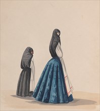 Two woman wearing the saya viewed in profile, from a group of drawings depicting Peruvian costume, ca. 1848.
