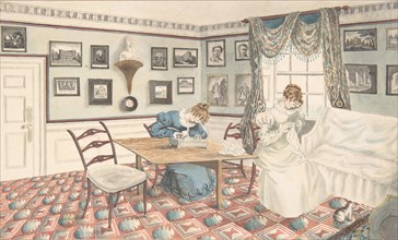 Two young women writing and sewing in an interior at Hatton, Warwickshire, 1820-30.