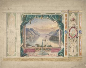 Wall Design with a Trompe l'Oeil Balcony Overlooking a Mountainous Harbor, 19th century.