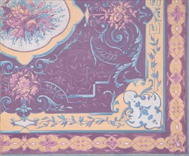 Wallpaper design featuring bouquets of roses, strapwork, and rinceaux, 1830-97.