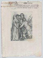 What a sacrifice', a young woman surrounded by a group of men, which includes her fiancé, a rich hunchback, copy in reverse of Goya's Plate 14 from 'Los Caprichos', after 1816.