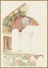 A Window of the Broletto, Como: rapid Sketch in Colour, showing Method of inlaying Marbles, August 1869?