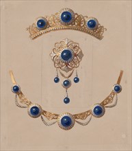 Parure of diadem, brooch and necklace with lapis lazuli and enamel, ca. 1830-70.