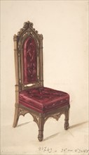 Gothic Style Chair with Dark Wood Frame and Maroon Upholstery, 19th century.