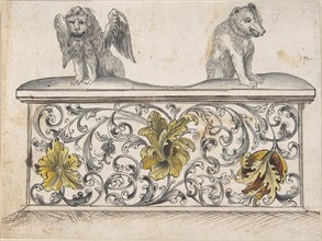 Ornamental design for front of a chest with winged lion and bear, 19th century.