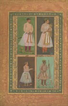 Four Portraits: (upper left) A Raja (Perhaps Raja Sarang Rao), by Balchand; (upper right) 'Inayat Khan, by Daulat; (lower left) 'Abd al-Khaliq, probably by Balchand; (lower right) Jamal Khan Qaravul, ...