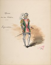 Costume Design for "Officiers du duc Frédéric" [a]; Descriptive Sheet of Costume Accessories [b], 1889.