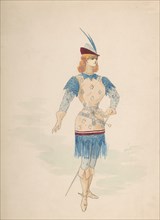Costume Design for a Cavalier (?) in Blue and Burgundy with Feathered Cap and Sword, n.d..