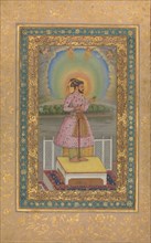 Shah Jahan on a Terrace, Holding a Pendant Set With His Portrait, Folio from the Shah Jahan Album, recto: 1627-28; verso: ca. 1530-50.