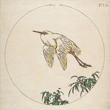 Decoration for a Plate: An Egret Flying Above Bamboo Branches, 1850-1914.