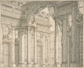 Design of a Perspective for a Stage Set with Courtyard and Triumphal Arch., ca. 1675-1743.
