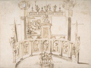 Design for a Garden Fête with a Semi-circular Wall and Statues in Niches., ca. 1635-79.