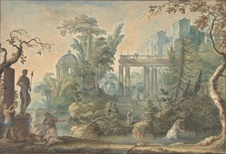 Arcadian Landscape with several Figures and a Statue of Apollo, 18th century.