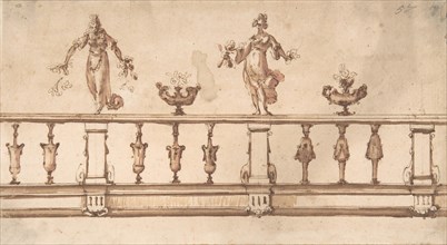 Design for a Balustrade with Female Figures and Urns, 16th-17th century.