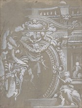 Ornamental Design for a Wall Monument Surmounted by a Balustrade with Human Figures, Angels Holding Garlands and Draperies (recto and verso)., 1647-1726.