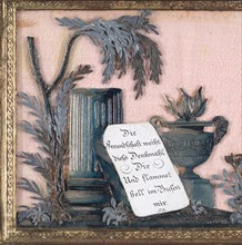 Greeting Card: broken column and flaming urn, painted in shades of gray, with an engraved motto; gouache, metallic paint, metallic foil, and embossed and punched paper on silk, ca. 1810.