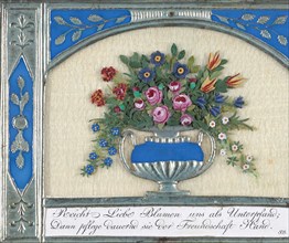 Greeting Card: silver embossed paper frame, engraved motto on white card stock, silk chiffon, silver 'Dresden' urn scrap, tiny floral embellishments made of a clay-like material, watercolor, and graph...