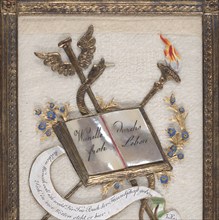 Greeting Card:gold-framed collage, mother-of-pearl book, gold serpent, staff, and torch; gouache, metallic paint, metallic foil, embossed and punched paper, and carved and painted mother of pearl on s...