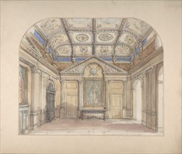 Interior with coffered ceiling and Corinthian order applied to walls, 19th century.