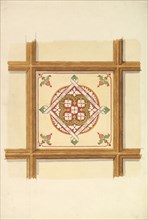 Design for a Coffered and Painted Ceiling in Rust and Olive Green, with a Quatrefoil Motif, 19th century.