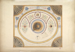 Design for Ceiling with Two Portraits and Fan Supports at Corners, 19th century.