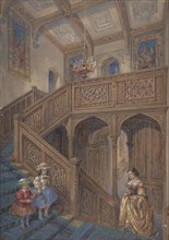 Design for a Jacobean-style Staircase (recto); Architectural Element Design (verso), ca. 1867.